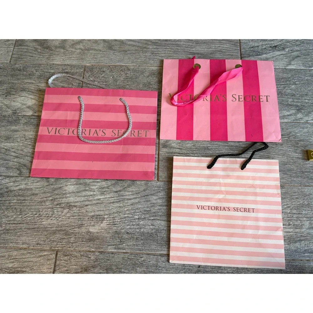 Victoria's Secret Gift Bags Set of 3 Pink Striped Lingerie Paper Bag Tote Ribbon